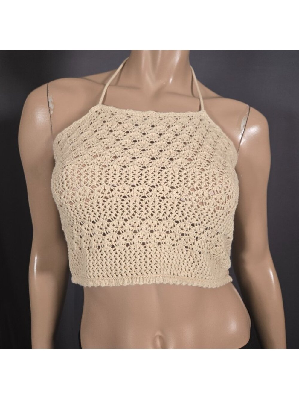 House Of Harlow 1960 Beige Crochet Crop Top Halter Tank Size XS Boho Hippie
